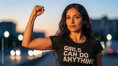 Confident woman flexing her arm wearing a tshirt with the slogan girls can do anything at dusk