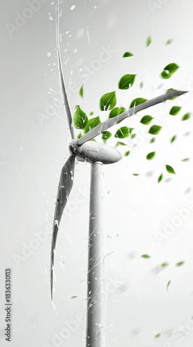 Wind turbine with green leaves and water droplets on white