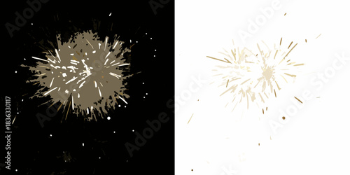 A split view showcasing a firework explosion in dark and light tones