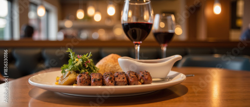 Delicious meal featuring grilled meat, fresh herbs, and side of bread, paired with red wine in cozy restaurant setting