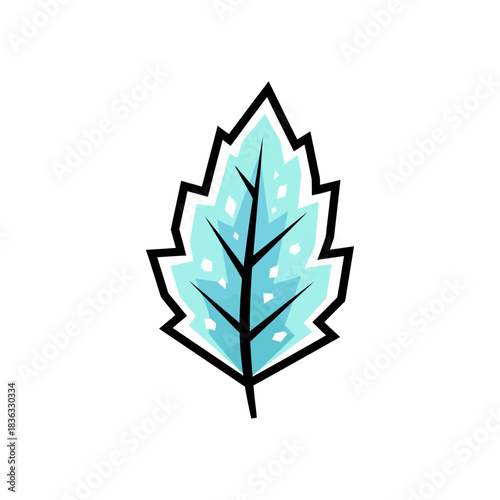 Flat Vector Stylized Botanical Ice Leaf with Crystalline Edges and Bold Black Outline
