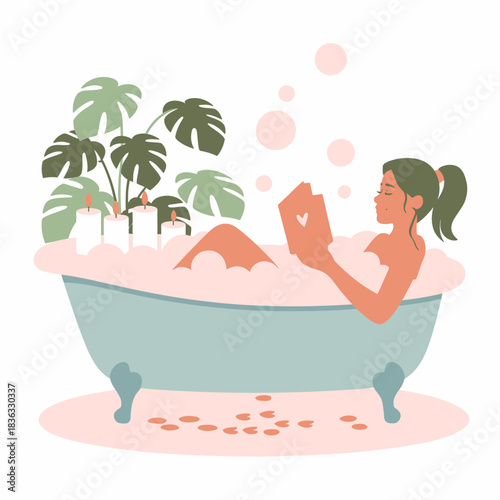 This tranquil scene features a woman enjoying a relaxing bath surrounded by candles and tropical plants, highlighting a moment of self-care and serenity.