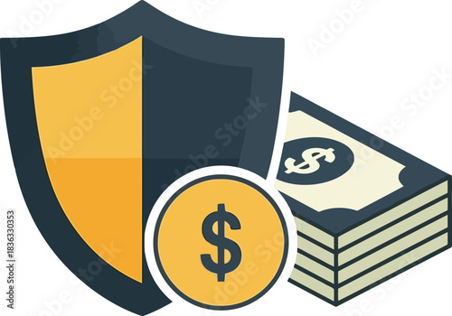 A shield symbolizing protection stands beside a stack of US dollar bills and a gold coin with a dollar sign.