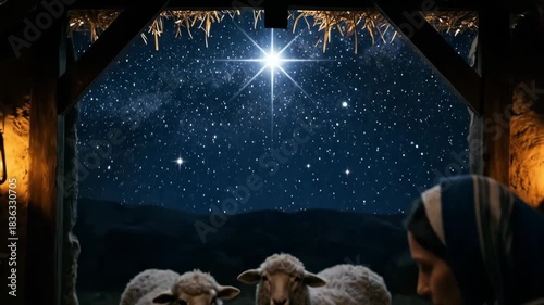 Woman and newborn baby in manger surrounded by animals. Christian Nativity scene with Star of Bethlehem over stable for Christmas.