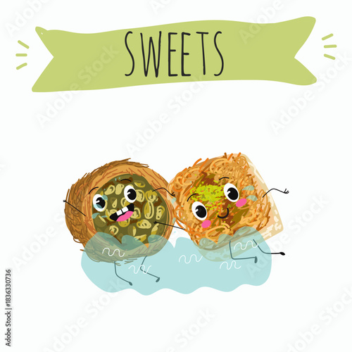 Funny Characters Ekmek kadaif. Turkish,  Eastern sweets. Hand drawn vector illustration.