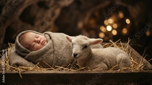 A Caucasian baby sleeps in a manger with a lamb. Recreating the Nativity scene, symbolizing new beginning and peace for Christmas.