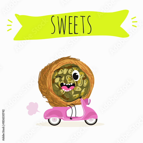 Funny Characters Ekmek kadaif. Turkish,  Eastern sweets. Hand drawn vector illustration.