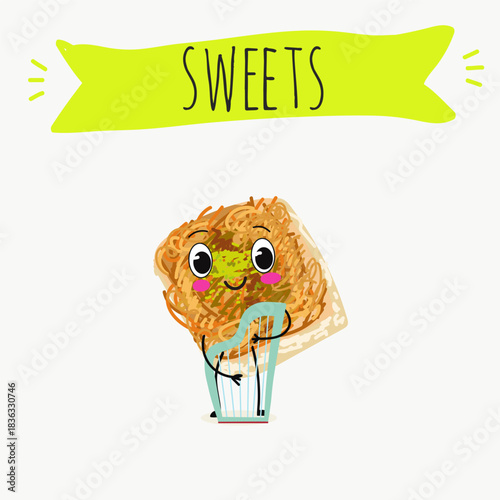 Funny Characters Ekmek kadaif. Turkish,  Eastern sweets. Hand drawn vector illustration.