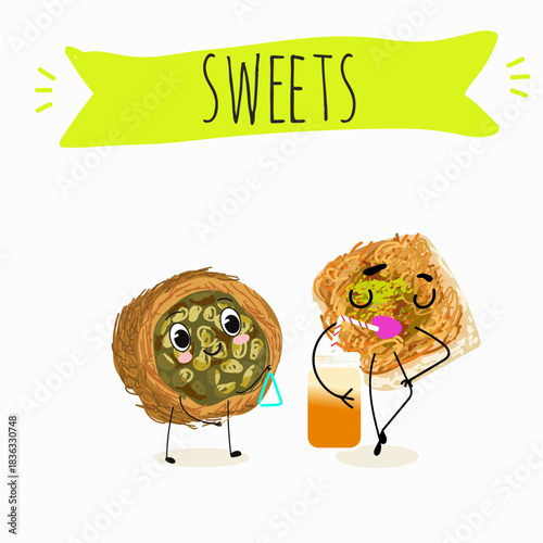 Funny Characters Ekmek kadaif. Turkish,  Eastern sweets. Hand drawn vector illustration.