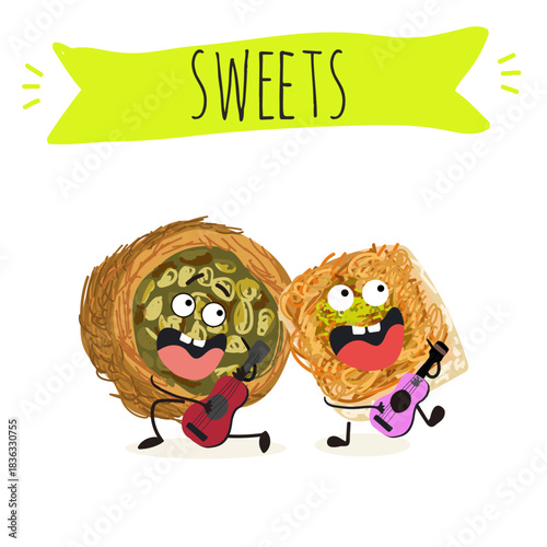 Funny Characters Ekmek kadaif. Turkish,  Eastern sweets. Hand drawn vector illustration.