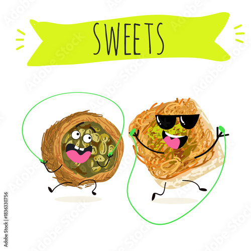 Funny Characters Ekmek kadaif. Turkish,  Eastern sweets. Hand drawn vector illustration.