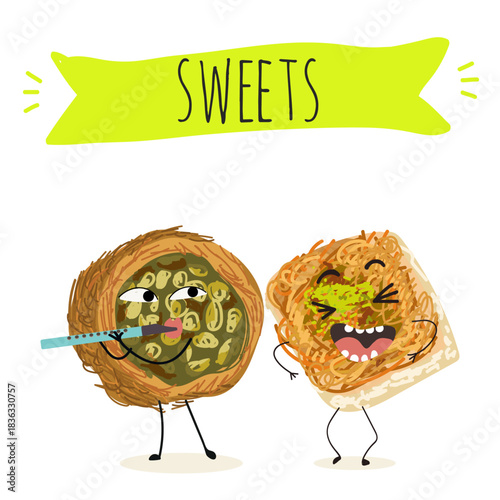 Funny Characters Ekmek kadaif. Turkish,  Eastern sweets. Hand drawn vector illustration.