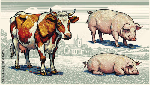 Hand drawn vintage illustration of cow and pigs. detailed livestock animal illustration in vector painting illustration style