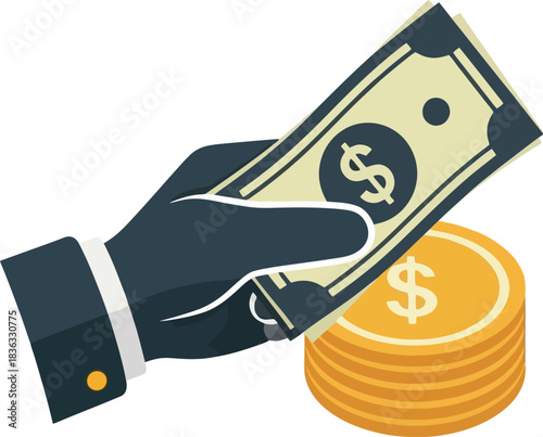 A hand holding a paper currency and coins, representing financial transactions and wealth.