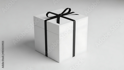 Elegant white gift box with black ribbon on a neutral background