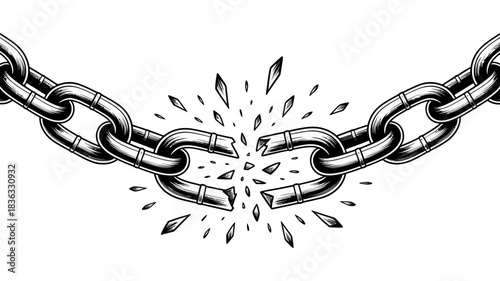 Broken chain links exploding into pieces, symbolizing the end of confinement, freedom, and overcoming limitations. conceptual illustration.