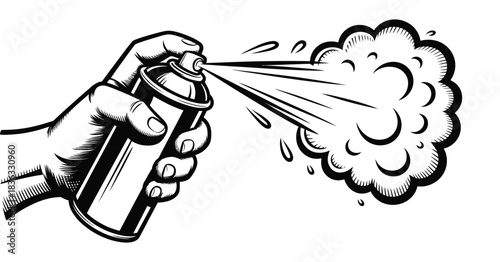 Close-up black and white illustration of a hand holding a spray can and spraying a cloud of paint or aerosol, isolated on white
