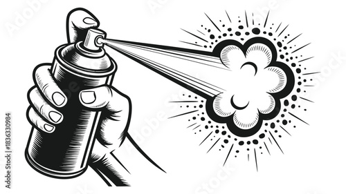 Hand holding spray can spraying paint creating cloud burst and radiating lines, illustration in graphic style, isolated on white