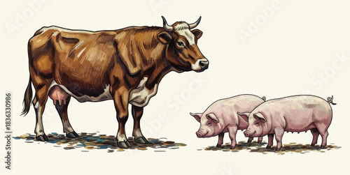Hand drawn vintage illustration of cow and pigs. detailed livestock animal illustration in vector painting illustration style