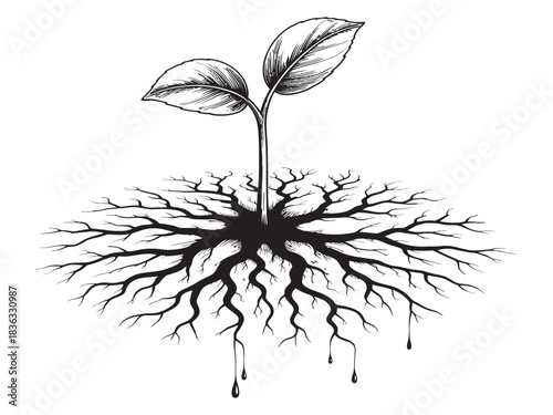New life sprouts from intricate root system, symbolizing growth, nature's resilience, and the beginning of a new journey.