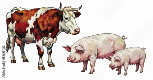 Hand drawn vintage illustration of cow and pigs. detailed livestock animal illustration in vector painting illustration style