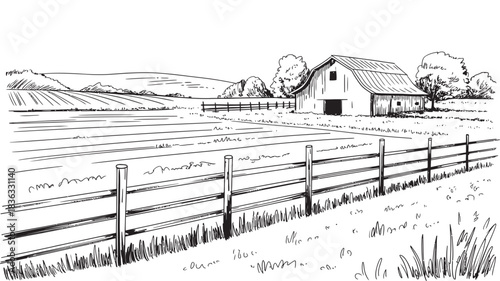 Rustic barn and fenced farmland landscape illustration with rolling hills and trees under a cloudy sky, country scene vector art.