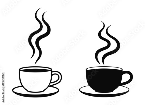 Two steaming coffee cups, one white, one black, with swirls of steam rising, isolated on a clean background. morning beverage.