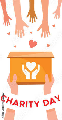 Hands reaching down towards a donation box held by two hands, with hearts and "Charity Day" text.