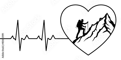 Heartbeat ekg line with silhouette of hiker climbing mountain within heart shape, symbolizing passion for adventure and healthy lifestyle