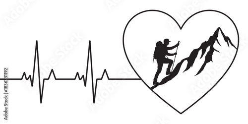 Silhouette of hiker climbing mountain inside heart shape, juxtaposed with heartbeat line, symbolizing love for adventure and healthy lifestyle.
