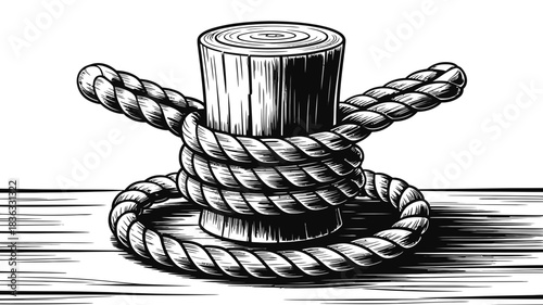Close-up illustration of a thick, weathered rope securely tied around a sturdy wooden bollard on a weathered dock, symbolizing maritime security and mooring.