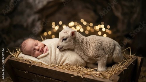 Newborn baby child Jesus in a manger with a lamb during a christmas nativity scene with bokeh lights