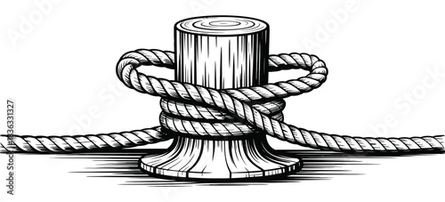 Detailed illustration of a thick, sturdy rope securely fastened around a wooden cleat, emphasizing maritime safety and connection with sketched detail.