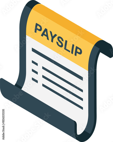Isometric illustration of a payslip document with a yellow header and financial details.