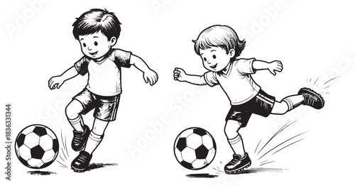 Two happy young boys playing soccer with footballs, kicking and running in a sketch illustration, active childhood fun activity.