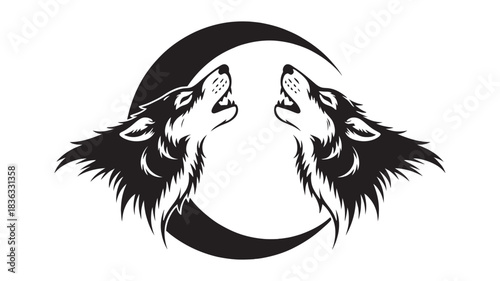 Two howling wolves silhouette facing crescent moon, representing unity, wilderness, and the wild spirit of nature, isolated on white background.