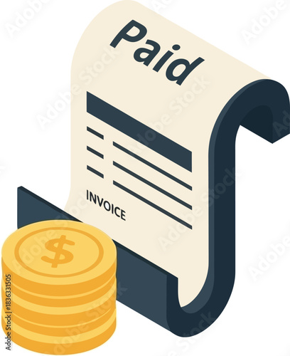 Isometric illustration of a paid invoice with a stack of gold coins, symbolizing financial transactions and payment confirmation.