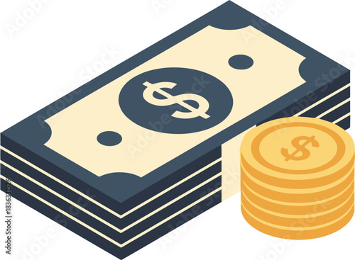 Isometric illustration of a stack of dollar bills and a pile of gold coins representing wealth and finance.