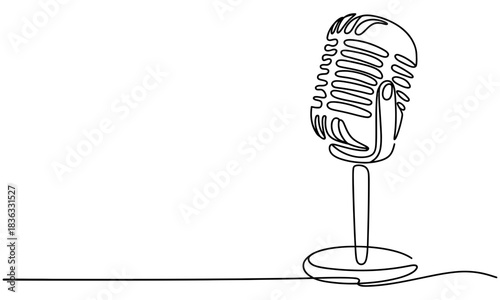 Retro microphone in single line drawing art style, isolated on white background, symbolizing broadcast and audio recording history.