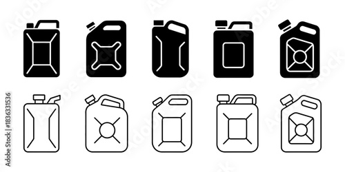 Collection of isolated jerrycan icons and silhouette designs for fuel and liquid transport, displaying various styles and fills.
