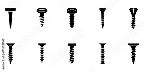 Collection of various screw and nail icons for construction and diy projects on a white background