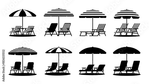 Collection of beach umbrella and lounge chair silhouettes, perfect for summer vacation, relaxation, and seaside resort design elements.