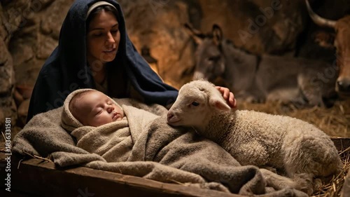 Virgin Mary watches baby Jesus in manger with lamb as an angel nativity scene. Christian Christmas.