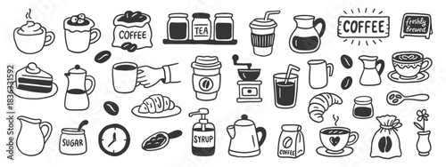 Set of hand drawn coffee doodles and cafe icons. Vector illustration of cups, beans, desserts, tea, grinder and syrup in cute sketch style for menu design.