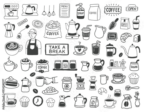Big set of hand-drawn coffee and dessert doodles. Collection of cafe elements, sketch food and drink icons: beans, cups, latte, cake, and barista. Vector.