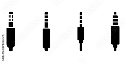 Collection of four black icons representing different types of audio jacks, symbolizing connectivity and sound transmission, isolated on white.