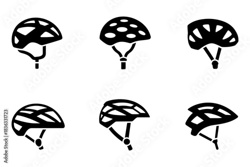 Set of six black bicycle helmets, different models and styles, isolated on white background, vector icons for safety and sports.