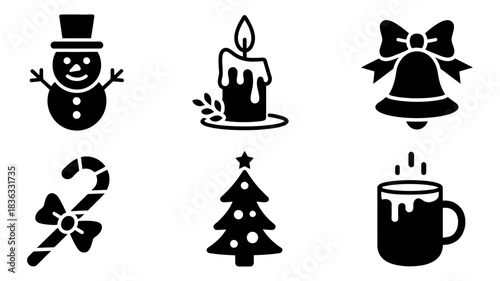 Collection of festive christmas icons: snowman, candle, bell, candy cane, tree, and hot cocoa mug, perfect for holiday design projects.