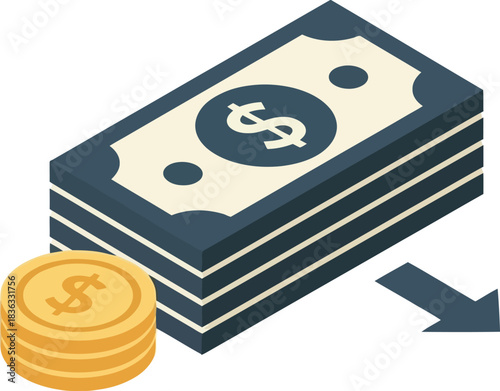 Stack of dollar bills and gold coins with a downward arrow, symbolizing financial transactions or money flow.