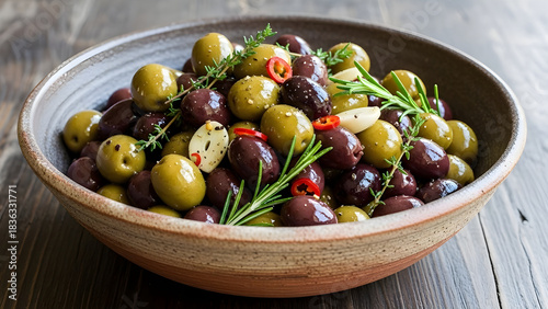 A rustic bowl overflowing with assorted marinated olives garnished with fresh herbs and chili peppers